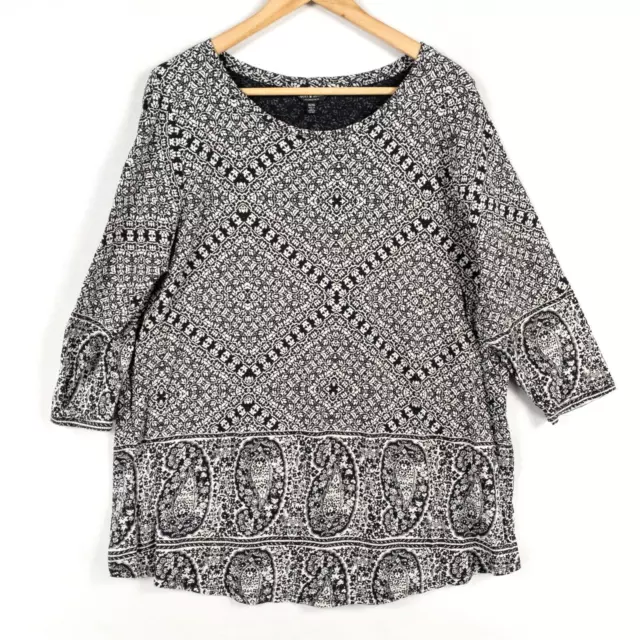 Lucky Brand 1X Knit Top Black Geometric Print Cotton 3/4 Sleeve Casual Womens