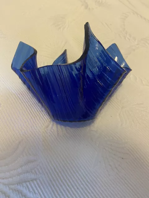 Vintage Chance Brothers Blue Glass Textured Bark Handkerchief Vase