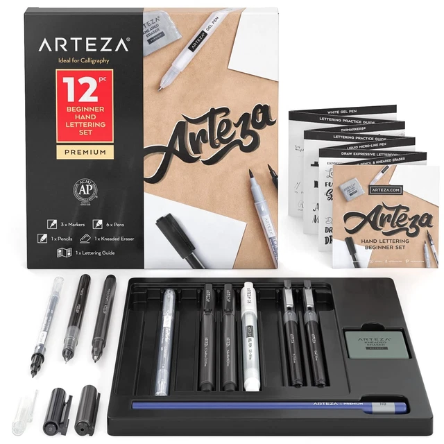 ARTEZA Hand Lettering Pens, 12-Piece Calligraphy Set for Beginners, 5 Micro-L...