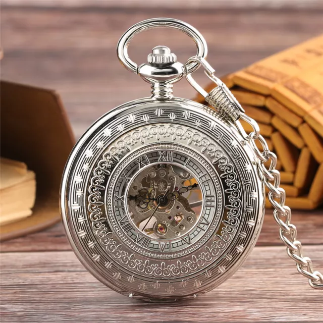 Silver Men Women Mechanical Hand Wind Pocket Watch Roman Number Skeleton Chain