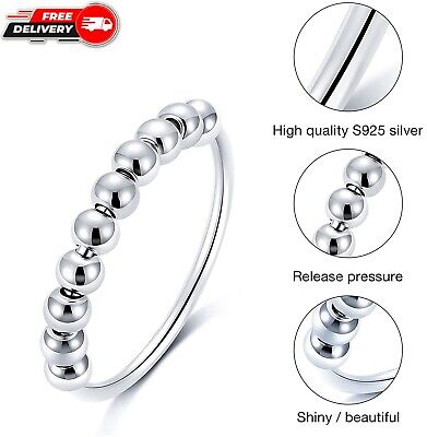 925 Sterling Silver Anti Anxiety Ring Women Men Spinner Fidget Rings with Beads