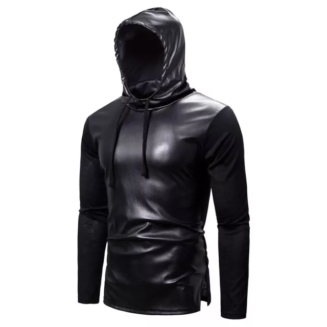 Uomo Giuntura Similpelle con Cappuccio Top Manica Lunga Felpa Camicia T-Shirt