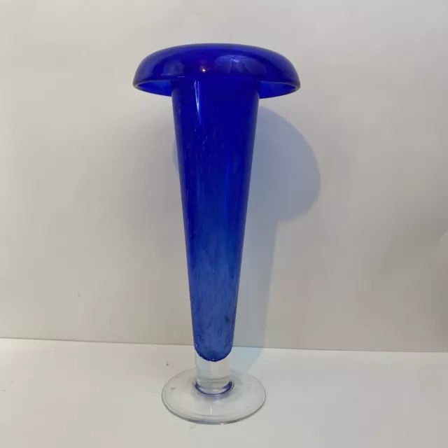 Blue Cobalt Art Glass Vase with Bubbles Clear Bottom Cased Heavy Folded Top
