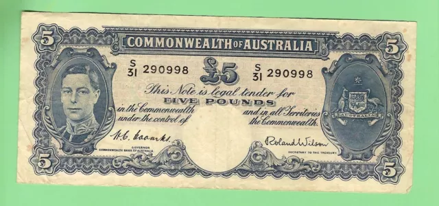 1952  Coombs / Wilson  Australian George Vi  Five Pound  Banknote  #S31 290998