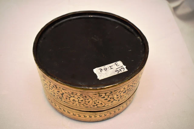 Antique Burmese Betel Nut Box Gilt Lacquerware Myanmar Floral Gold Painted Old"4 8