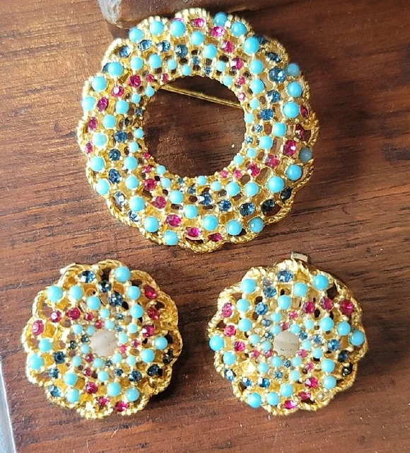 Jewelry Set Sarah Coventry Pin Earrings Vintage Rhinestones Marked 1  1/2 "