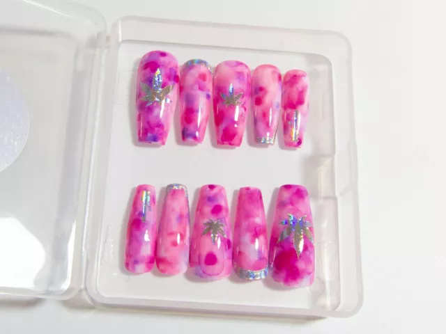 Blazing Pink Marble Leaf Press On Glue On Gel False Fake Nails with Glue + Tabs