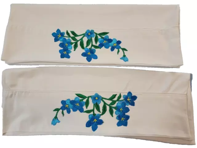 2 Homemade Pillowcases White Cotton W/Pink Embroidered Flowers, Stan 19.5 X 27