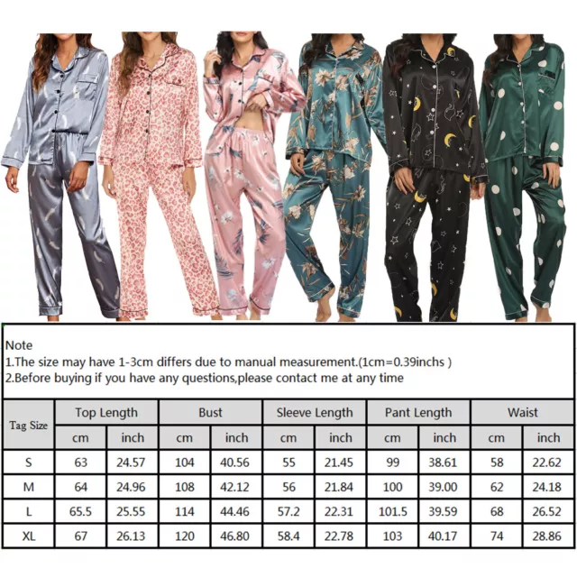 2 Pcs Womens Pyjamas Set Ladies Satin Nightwear Silk PJS Long Sleeve Sleepwear 3