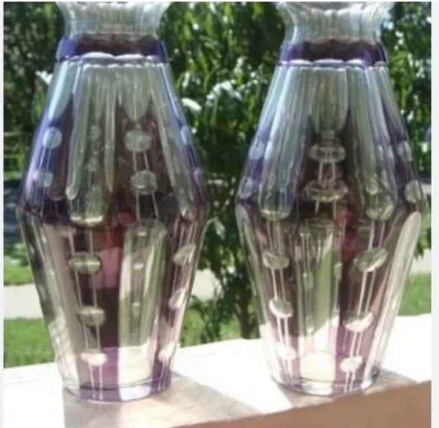 VTG Hand Blown Cased Czech Bohemian Art Glass Vase Purple Amethyst Cut Glass