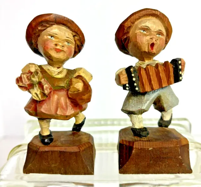 Anri Alpine Hand Carved Italian Musician Boy & Girl Figurines