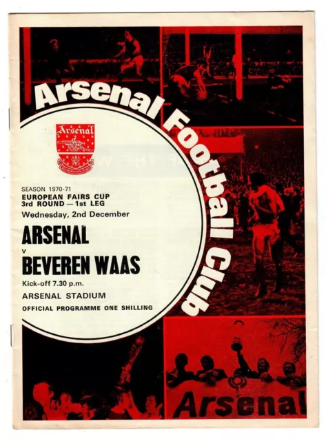 Arsenal v Beveren Waas - 1970-71 European Fairs Cup 3rd Round -  Programme