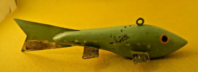 Antique hand carved painted wood metal fishing lure lead Folk Art