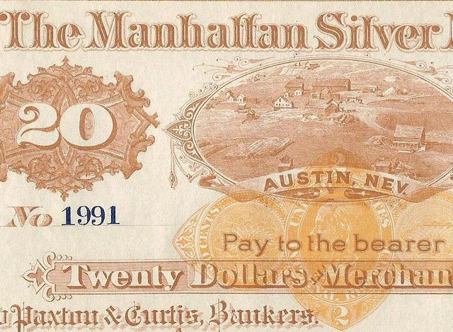 LARGE 1870s $20 BIRTH YEAR # 1991 NEVADA SILVER MINING NOTE MONEY GIFT IDEA
