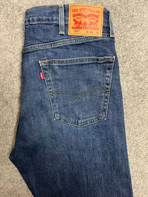 Jeans denim Levis 505 regolari dritti da uomo W38 L32 blu scuro rosso elasticizzati