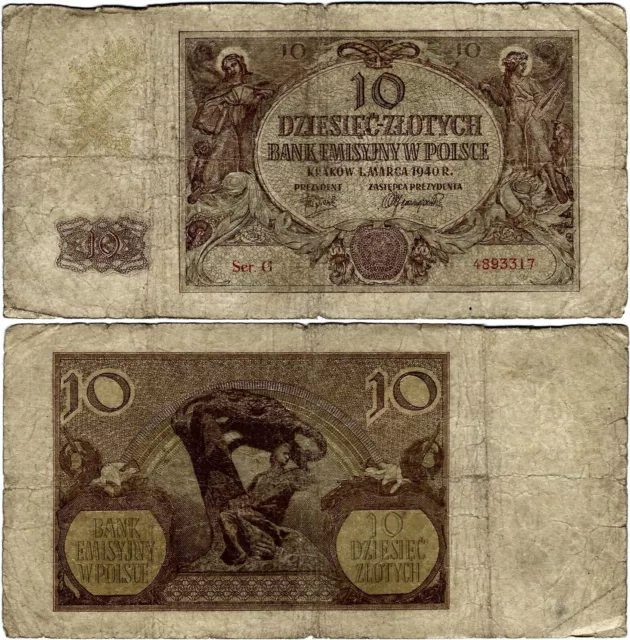 Polen Banknote 10 Złotych 1940 EMISSION BANK IN POLAND ZWK-29a Ro. 574a  P-94