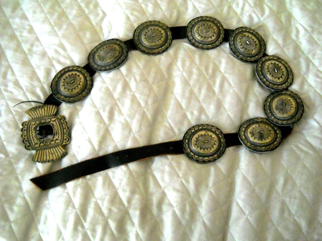 OLD Native American Navajo Sterling Silver Stamped Leather Backed Concho Belt KS OLD Native American Navajo Sterling Silver Stamped Leather Backed Concho Belt KS