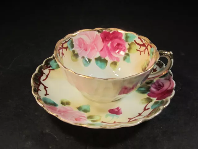 VTG Nippon Pink & Red Roses Decorated Tea Cup & Saucer Set