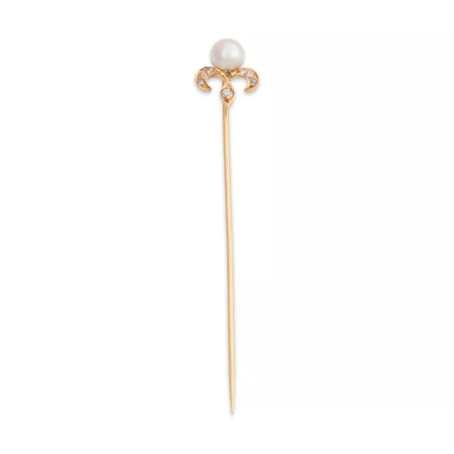 Antique 14K Yellow Gold Pearl Old Mine Diamond Stick Pin