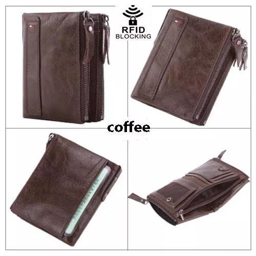 Men's RFID Genuine Leather DZ Bifold Double Zipper Coin Pocket Purse Wallet