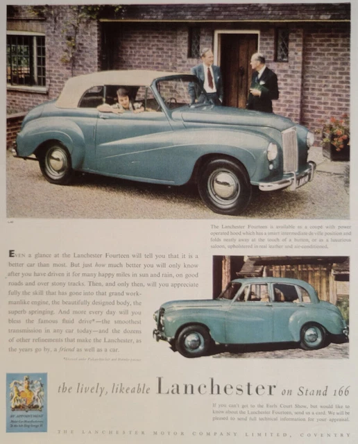 Lanchester Fourteen Car Auto Coventry UK Print Ad 1952 ILN ~14.5x10"