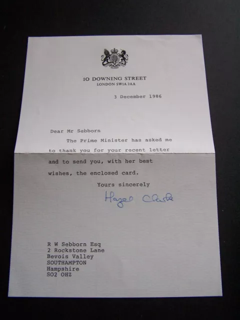 10 Downing Street Headed Note Paper Letter December 1986 Signed Hazel Clarke