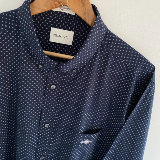 GANT Shirt XL X Large Mens Navy Blue Patterned Poplin Regular Fit Button Down