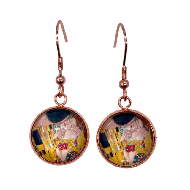 Klimt The Kiss Earrings 18 mm Round Glass & Rose Gold Plated Stainless Steel