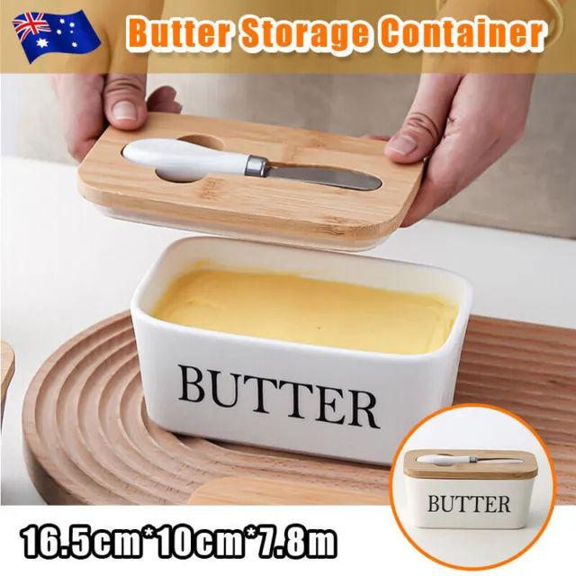 Ceramic Butter Dish Box Storage Tray Container With Bamboo Lid & Cutter AU