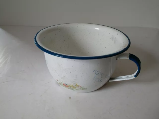 VINTAGE CHILDS CHAMBER POT BLUE TRIM WITH WHITE ENAMELWARE WITH HANDLE 9"W x 5"H