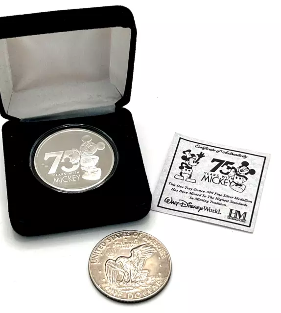 Walt Disney 75 Years w/ Mickey Medallion One Troy Ounce .999 Fine Silver COA