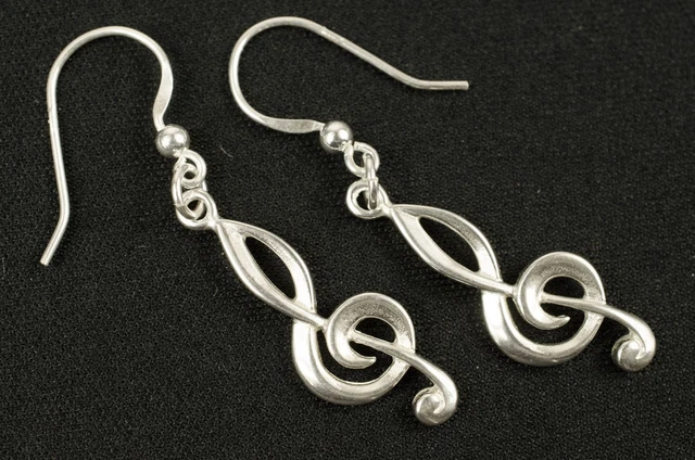 Boucles D'oreilles Note De Musique Clé De Sol - Argent Tibétain Plaqué - Neuves Avec étiquettes