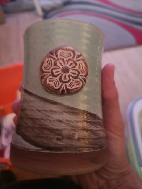Vintage York Rose Pottery Beaker/ Vase- Blue -- Hand Thrown-11. 5cm Tall