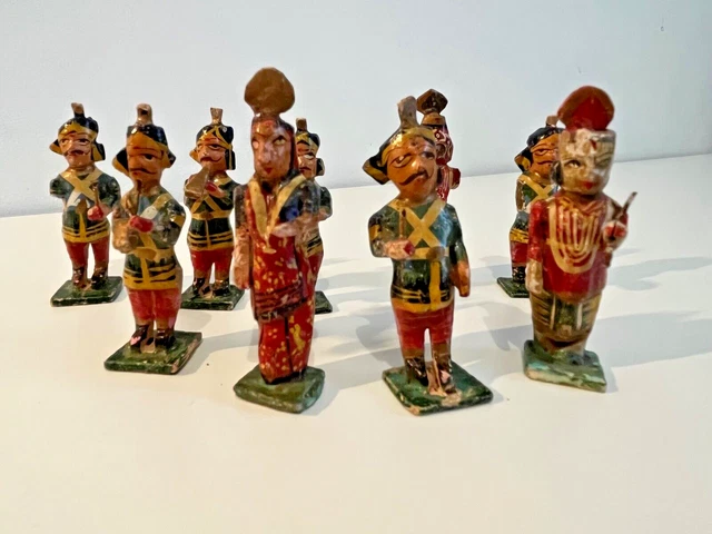 Antique Carved Wooden Painted Toy Soldiers, Musician Hand Painted Miniatures x9