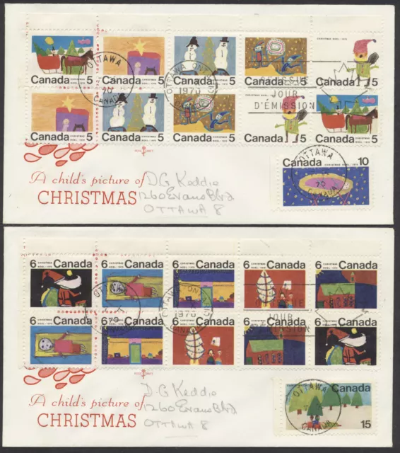 1970 #519-530 Set of 2 Christmas FDCs Rosecraft Cachets Ottawa Blocks 5c and 6c