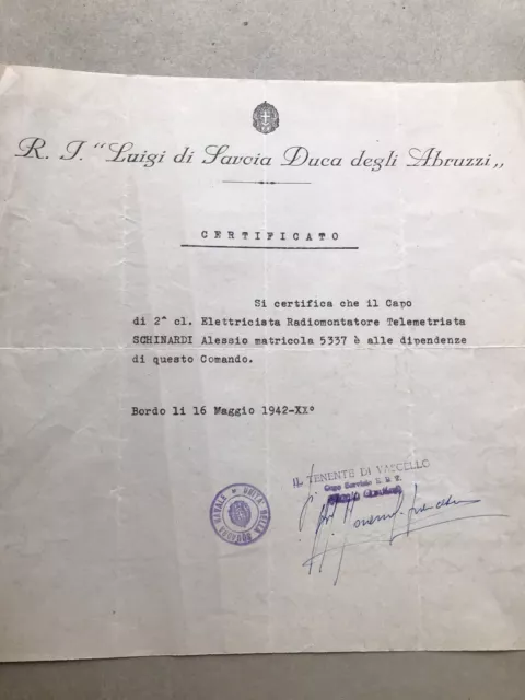 Documento incrociatore Luigi di Savoia Duca degli Abruzzi  1942 regia marina