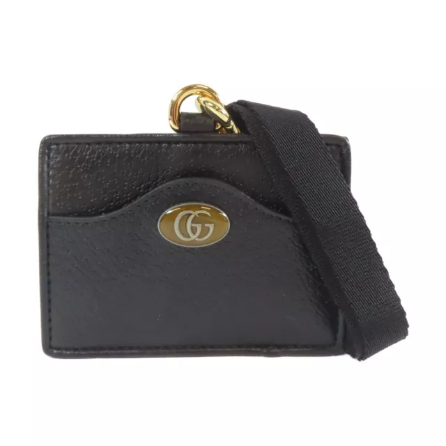 GUCCI GG GHW Card Case With Shoulder Strap Calfskin Leather Black