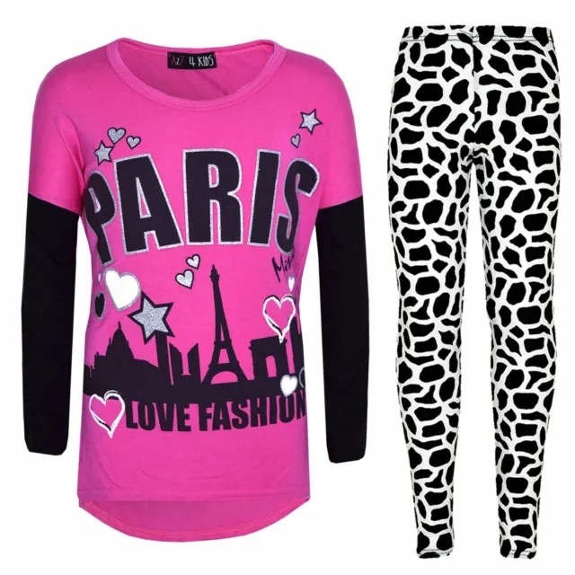 Kids Girls PARIS Printed Pink Trendy Top & Fashion Legging Set New Age 7-13 Yrs