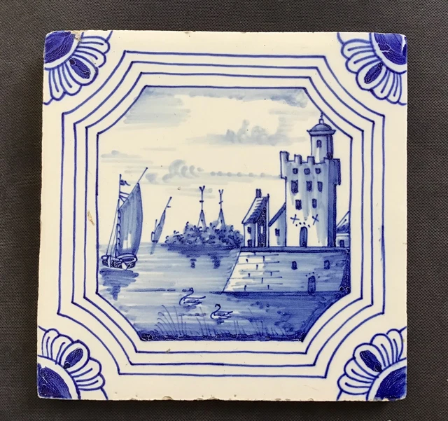 Antique 18th Century Delft Blue & White Tile c1770 -  Castle & Fishing Boats