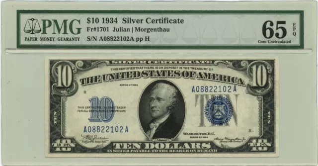 1934 $10 Silver Certificate Blue Julian Morgenthau Fr# 1701 PMG GEM 65 EPQ
