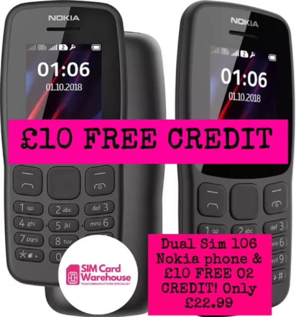 Nokia 106 - Dual Sim - Black (Unlocked) Basic Mobile Phone + £10 O2 CREDIT!