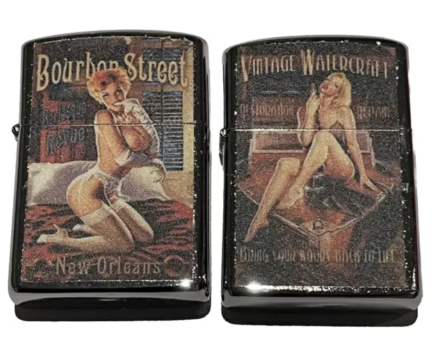 2 PCs Unbranded Windproof Oil Lighter Bourbon Steeet Vintage Watercraft Pinups