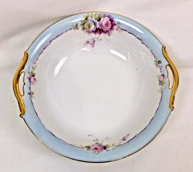 VTG Porcelain Bowl Hand Painted Blue Gold Floral Serving Bowl Japan 10"