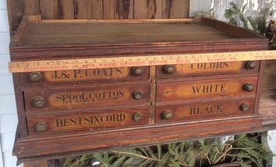 Antique J. & P. Coats Spool Cabinet, Wood , 6 Drawer , Best Six Cords, 34x14x22 2