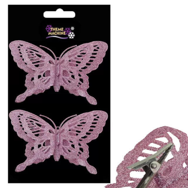 Christmas 2 Pack Clip on Glitter Butterfly Tree Decoration - Pink
