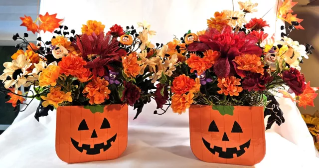 Halloween Flower Arrangements in Pumpkin Box - added Spooky Accents,  2 Choices