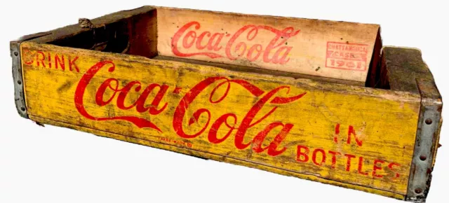 Vintage “Drink COCA-COLA” Wood Bottle Crate YELLOW Coke Wood Carrier 18x12