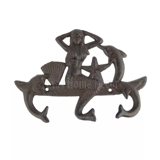 Mermaid Dolphins Hook Towel Rack Coat Hanger Cast Iron Starfish Nautical Decor