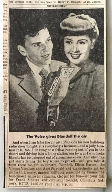 1944 newspaper ad for Frank Sinatra Radio Show, Columbia Network - Joan Blondell