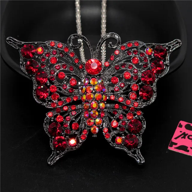 Betsey Johnson Bling Red AB Rhinestone Butterfly Crystal Pendant Chain Necklace